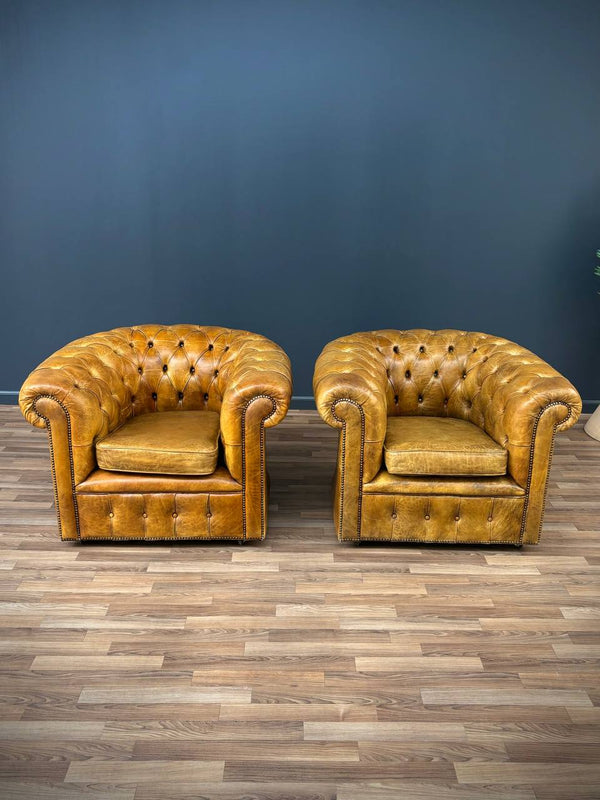 Pair of Vintage English Chesterfield Style Tufted Leather Club Chairs , c.1950’s