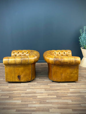 Pair of Vintage English Chesterfield Style Tufted Leather Club Chairs , c.1950’s