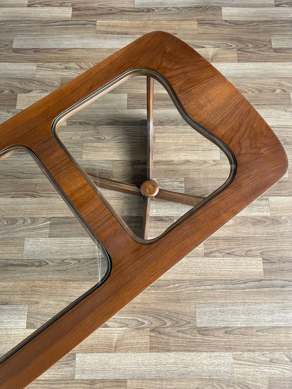 Mid-Century Modern Sculpted Walnut Coffee Table with Glass Top by Bassett Furniture, c.1960’s