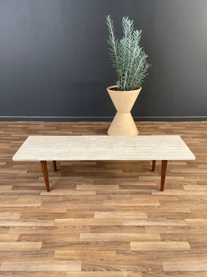 Mid-Century Modern Travertine Stone Top & Walnut Coffee Table , c.1950’s