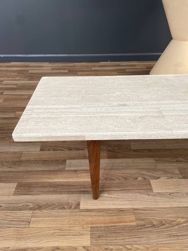 Mid-Century Modern Travertine Stone Top & Walnut Coffee Table , c.1950’s