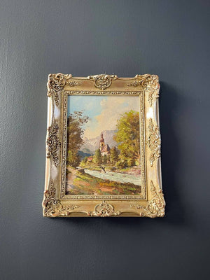 Antique Landscape Mountain Nature Church Painting by Josef Schwarzfischer