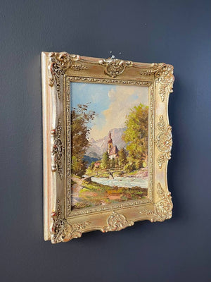 Antique Landscape Mountain Nature Church Painting by Josef Schwarzfischer