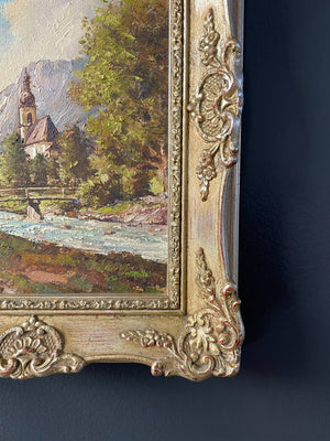 Antique Landscape Mountain Nature Church Painting by Josef Schwarzfischer
