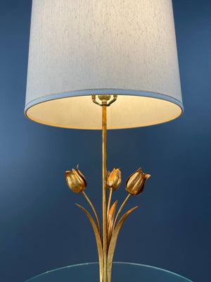 Italian Hollywood Regency Gilt Iron Floral Floor Lamp With Circular Glass Top, c.1960’s