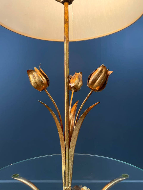 Italian Hollywood Regency Gilt Iron Floral Floor Lamp With Circular Glass Top, c.1960’s