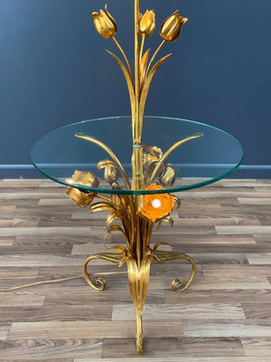 Italian Hollywood Regency Gilt Iron Floral Floor Lamp With Circular Glass Top, c.1960’s