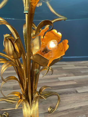 Italian Hollywood Regency Gilt Iron Floral Floor Lamp With Circular Glass Top, c.1960’s