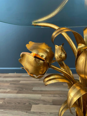 Italian Hollywood Regency Gilt Iron Floral Floor Lamp With Circular Glass Top, c.1960’s