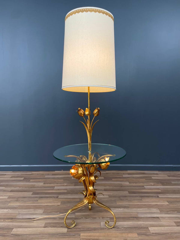 Italian Hollywood Regency Gilt Iron Floral Floor Lamp With Circular Glass Top, c.1960’s