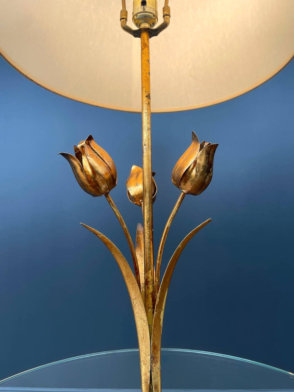 Italian Hollywood Regency Gilt Iron Floral Floor Lamp With Circular Glass Top, c.1960’s