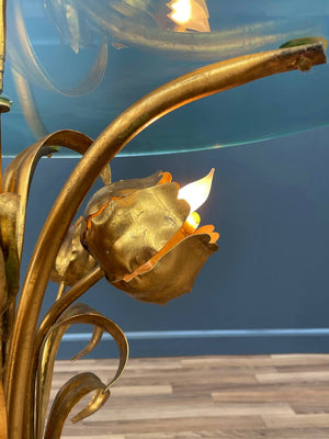 Italian Hollywood Regency Gilt Iron Floral Floor Lamp With Circular Glass Top, c.1960’s