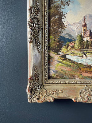 Antique Landscape Mountain Nature Church Painting by Josef Schwarzfischer