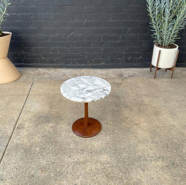 Mid-Century Modern Walnut & Marble Stone Side Table