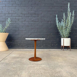 Mid-Century Modern Walnut & Marble Stone Side Table