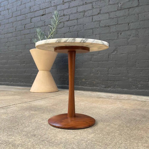 Mid-Century Modern Walnut & Marble Stone Side Table