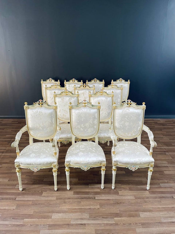 Set of 12 Italian French Louis XVI Style Painted & Parcel-Gilt Dining Chairs