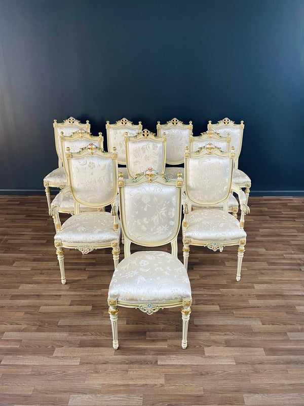 Set of 12 Italian French Louis XVI Style Painted & Parcel-Gilt Dining Chairs