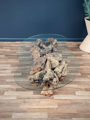 Free Form Drift Wood Coffee Table with Glass Top, c.1960’s