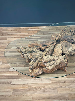 Free Form Drift Wood Coffee Table with Glass Top, c.1960’s