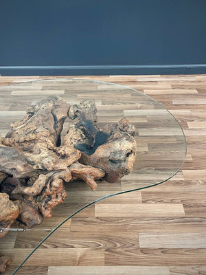 Free Form Drift Wood Coffee Table with Glass Top, c.1960’s