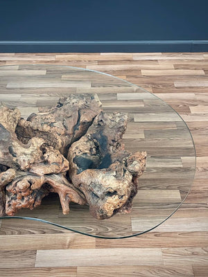 Free Form Drift Wood Coffee Table with Glass Top, c.1960’s