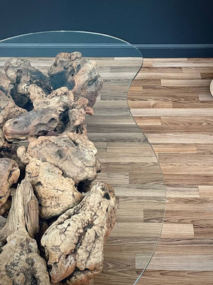 Free Form Drift Wood Coffee Table with Glass Top, c.1960’s