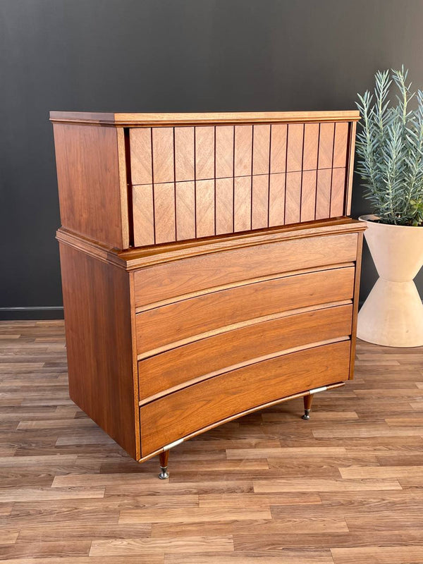 Mid-Century Modern Walnut Highboy Dresser with Curbed Drawers, c.1960’s