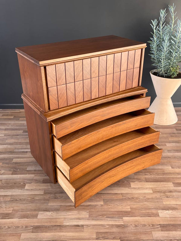 Mid-Century Modern Walnut Highboy Dresser with Curbed Drawers, c.1960’s