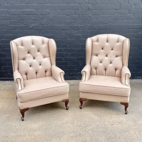 Pair of Vintage Georgian Style Leather Wing Back Lounge Chairs, c.1960’s