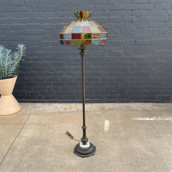 Antique Bronze & Marble Floor Lamp & Tiffany Glass Style Shade, c.1960’s