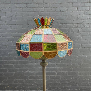 Antique Bronze & Marble Floor Lamp & Tiffany Glass Style Shade, c.1960’s