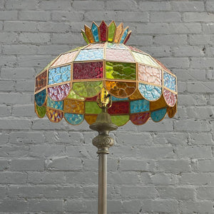 Antique Bronze & Marble Floor Lamp & Tiffany Glass Style Shade, c.1960’s