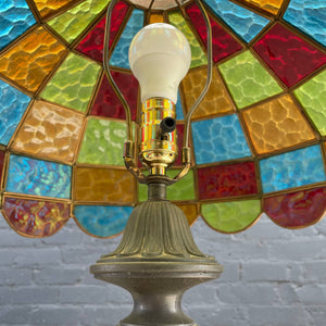 Antique Bronze & Marble Floor Lamp & Tiffany Glass Style Shade, c.1960’s