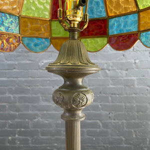 Antique Bronze & Marble Floor Lamp & Tiffany Glass Style Shade, c.1960’s