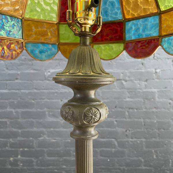 Antique Bronze & Marble Floor Lamp & Tiffany Glass Style Shade, c.1960’s
