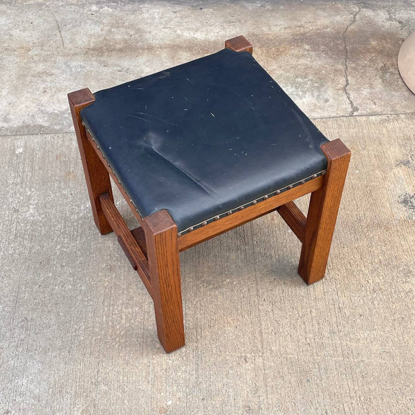 Antique Arts & Crafts Oak & Black Leather Bench Stool, c.1940’s