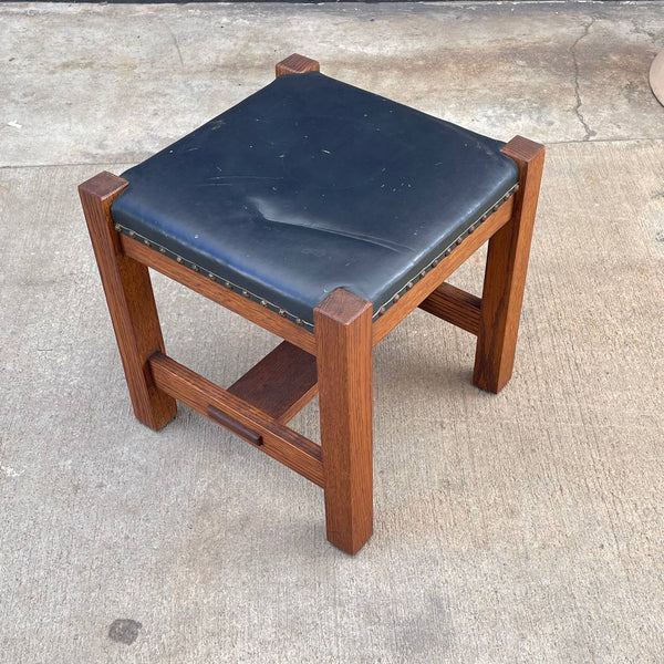 Antique Arts & Crafts Oak & Black Leather Bench Stool, c.1940’s