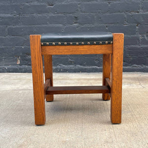 Antique Arts & Crafts Oak & Black Leather Bench Stool, c.1940’s