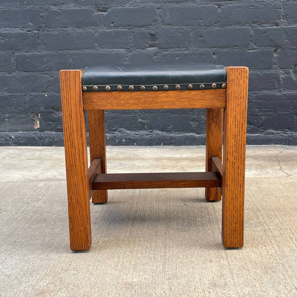 Antique Arts & Crafts Oak & Black Leather Bench Stool, c.1940’s