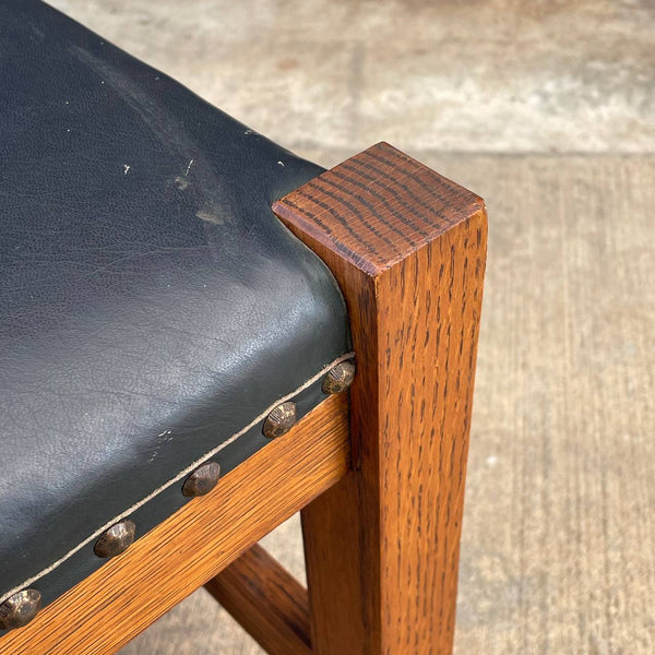 Antique Arts & Crafts Oak & Black Leather Bench Stool, c.1940’s