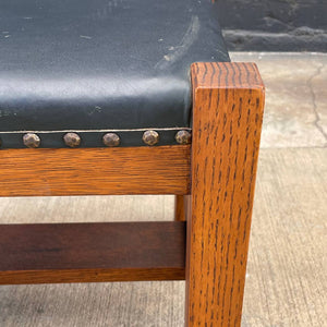Antique Arts & Crafts Oak & Black Leather Bench Stool, c.1940’s