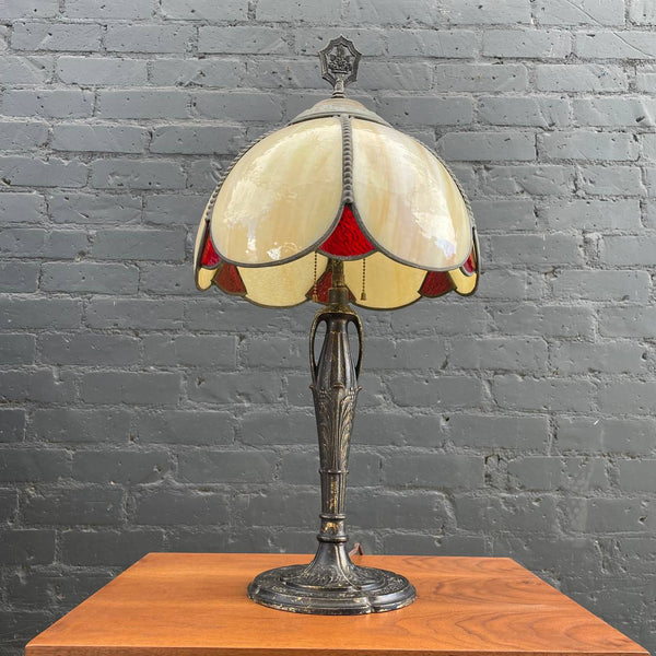 Vintage Art Deco Style Brass Table Lamp with Tiffany Style Shade, c.1940’s