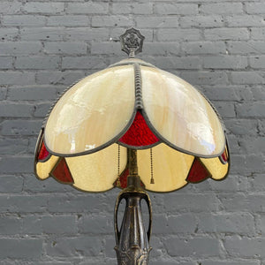 Vintage Art Deco Style Brass Table Lamp with Tiffany Style Shade, c.1940’s