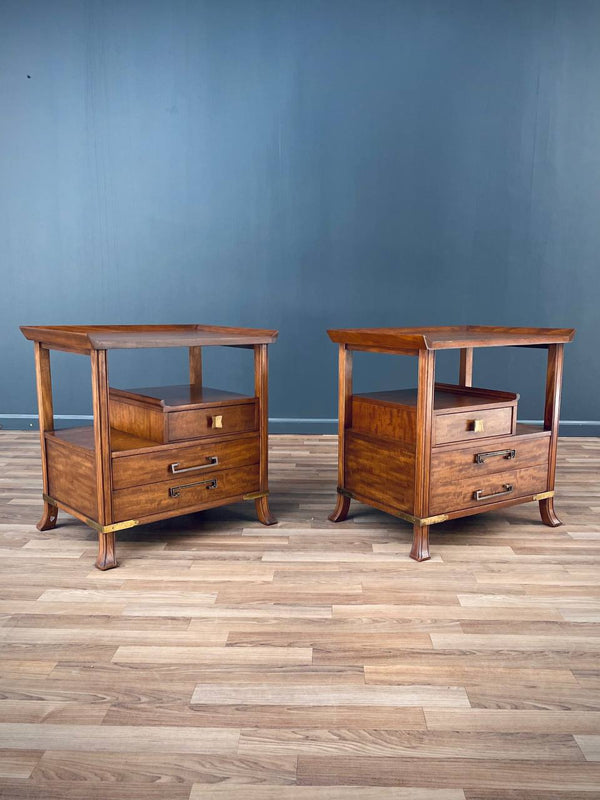 Pair of Asian Campaign Style Nightstands By Grosfeld House, c.1960’s