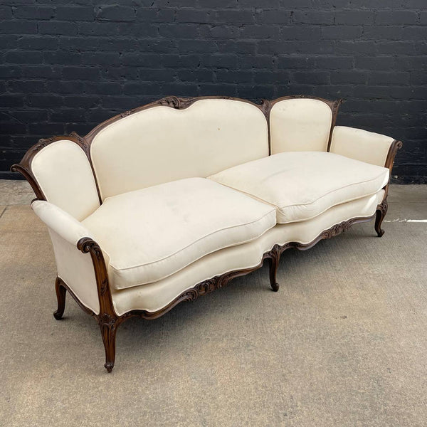 French Antique Hand Carved Wing Back Sofa, c.1950’s