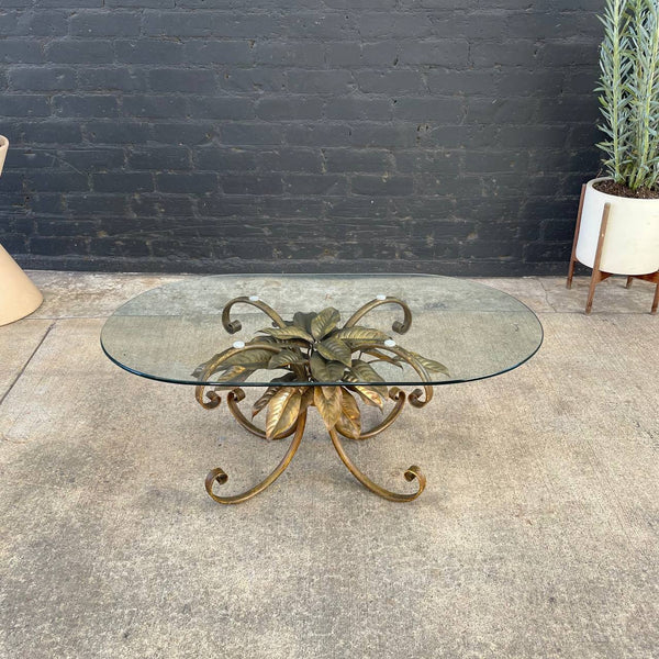 Vintage Gilt Metal Flower Side Table with Glass Top, c.1960’s
