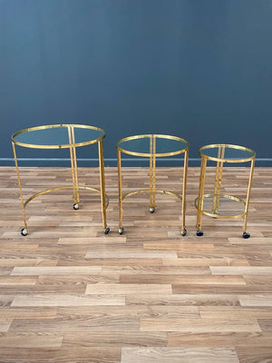 Set of Mid-Century Modern Brass & Glass Rolling Nesting Tables, c.1960’s