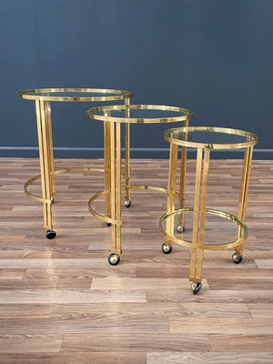 Set of Mid-Century Modern Brass & Glass Rolling Nesting Tables, c.1960’s