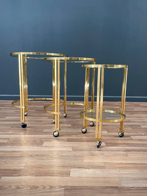 Set of Mid-Century Modern Brass & Glass Rolling Nesting Tables, c.1960’s